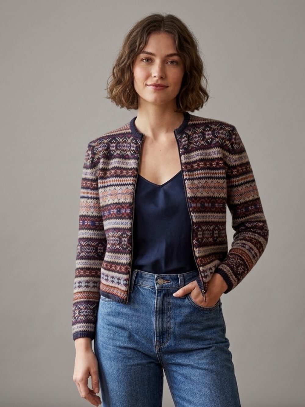 VTG 90s Abercrombie & Fitch Fair Isle Zip Cardigan Sweater Small Ramie Cotton